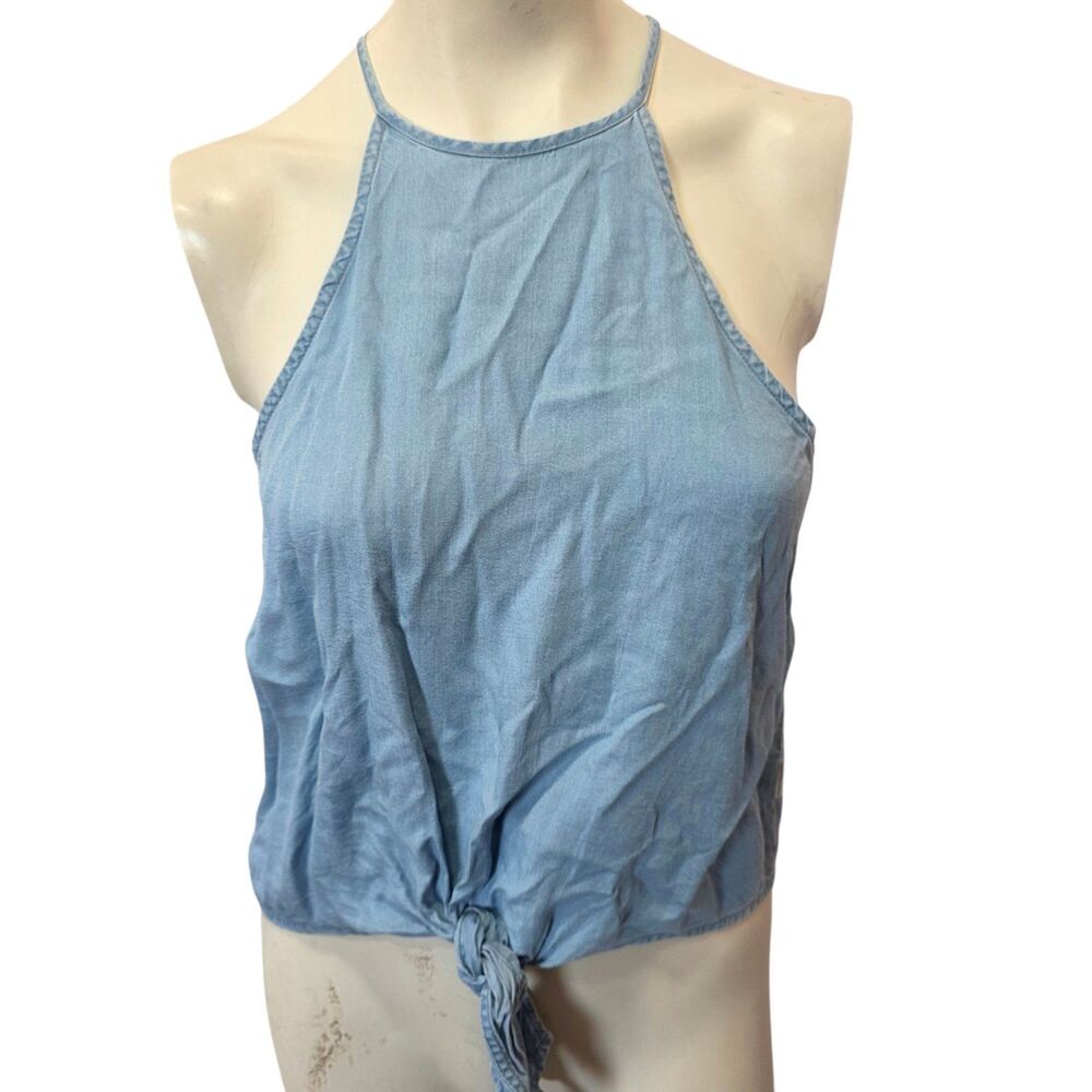 Calvin Klein Jeans Lyocell Chambray Halter Tie Front Tank Top Womens S Blue